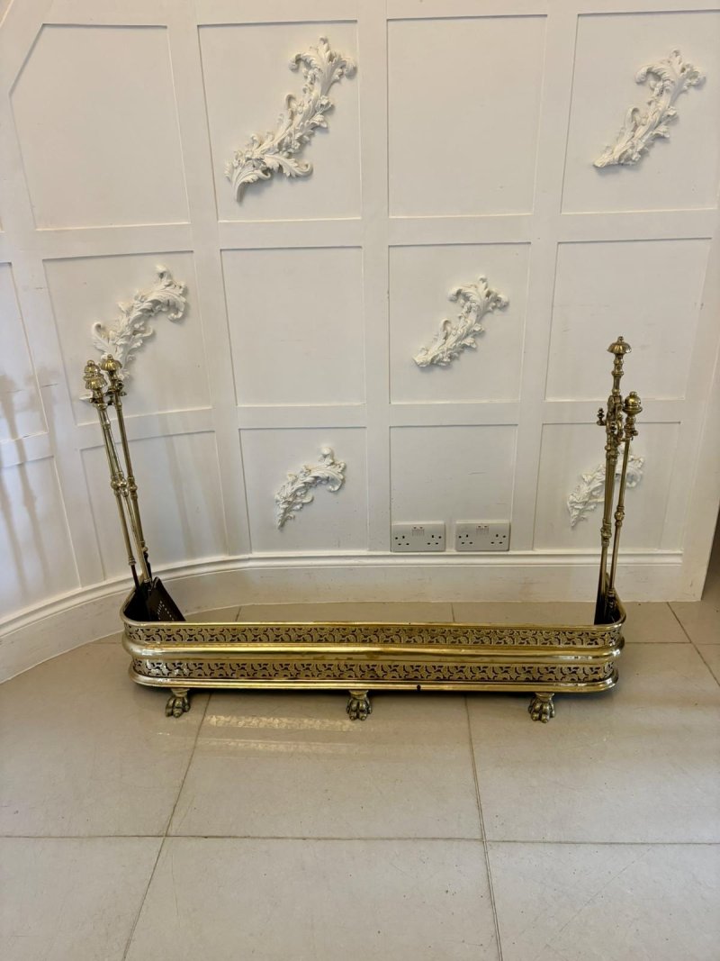 Unusual and Rare Quality Antique Regency Brass Fender with Original Fire Irons - Image 2